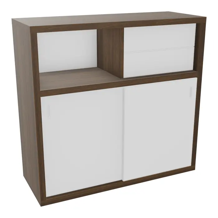 Armoire rangements déco Kara mélamine noyer brun 2 tablettes H. 115,4 x L. 120 x P. 46 cm - finition façade et dos mélamine blanc neige - 2 portes coulissantes mélamine blanc neige + 1 bloc tiroirs