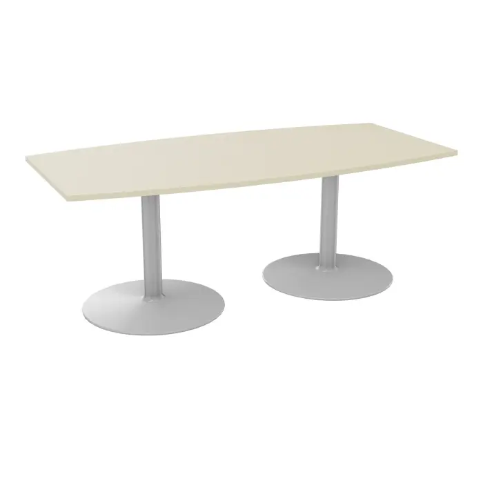 Table tonneau L. 200 x P. 100 cm ép. 25 mm décor érable blanc sur 2 piétements centraux ronds gris aluminium fixes