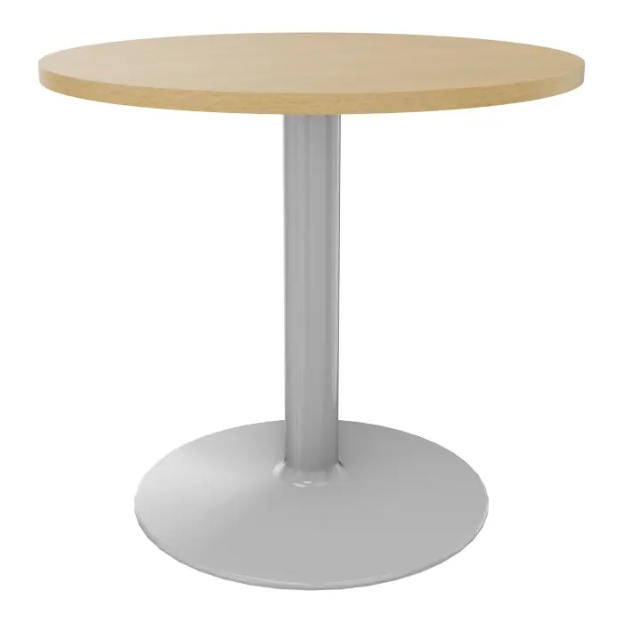 Table de réunion individuelle ronde D. 80 cm x H. 73,5 cm - ép. 25 mm décor chêne clair sur piétement central fixe rond gris aluminium