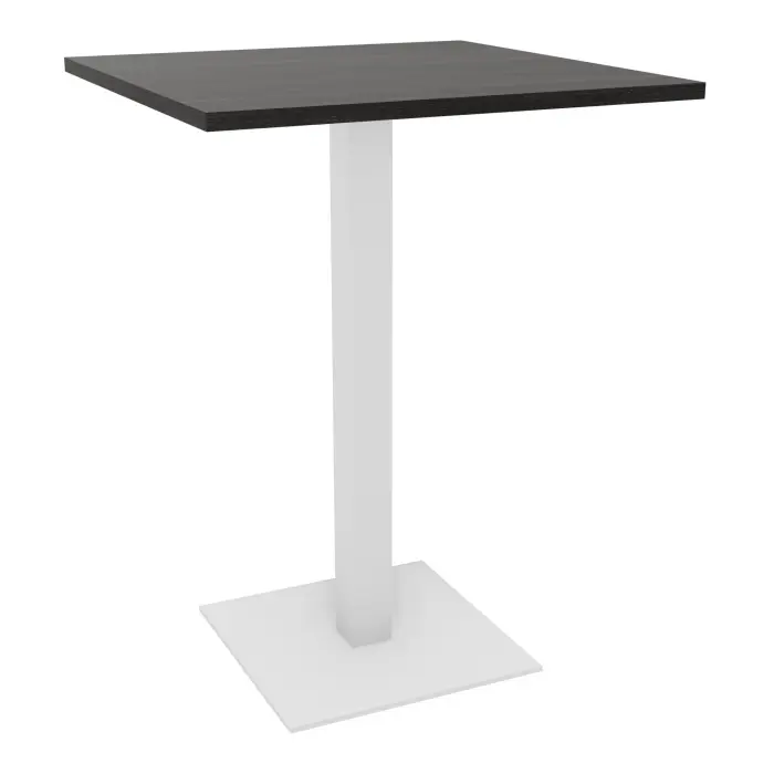 Table snack carrée H. 106,3 x L. 80 x P. 80 cm mélamine chêne café sur piétement central carré métal lisse blanc
