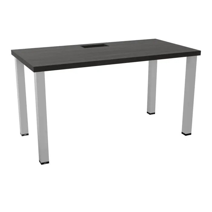 Kit extension Modulo L. 140 x P. 70 cm épaisseur 38mm plateau percé trappe mélamine chêne café  + goulotte piètement carré métal lisse gris aluminium- capacité 2 personnes