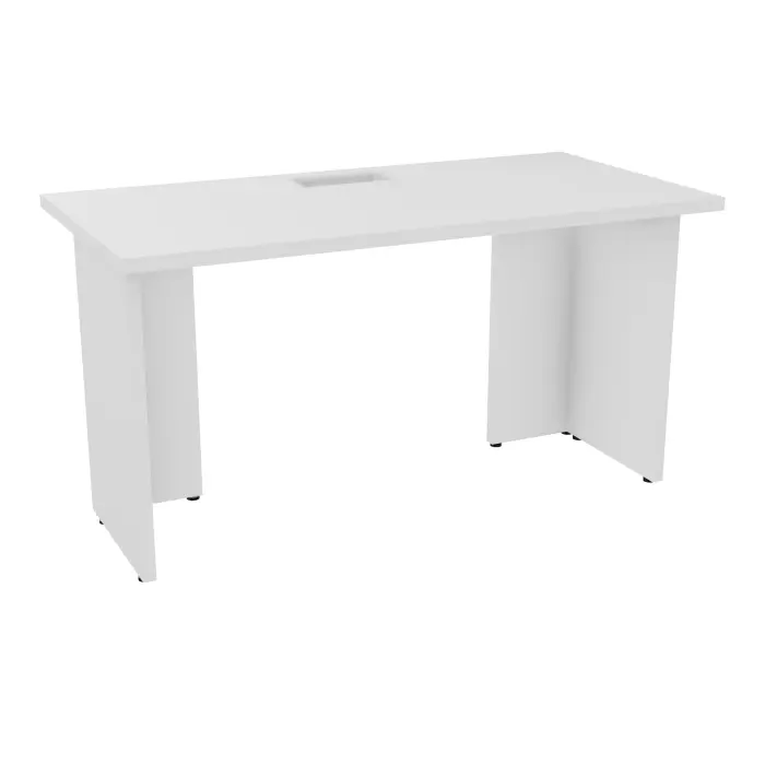 Kit extension Modulo L. 140 x P. 70 cm épaisseur 30mm plateau percé trappe mélamine blanc neige  + goulotte piètement panneau mélamine blanc neige- capacité 2 personnes