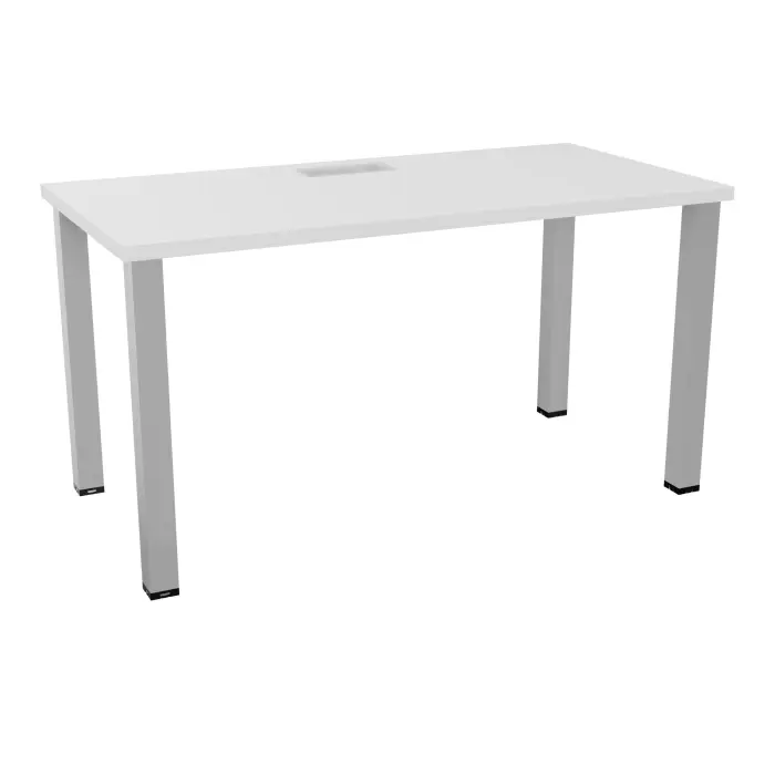 Kit extension Modulo L. 140 x P. 70 cm épaisseur 30mm plateau percé trappe mélamine blanc neige  + goulotte piètement carré métal lisse gris aluminium- capacité 2 personnes