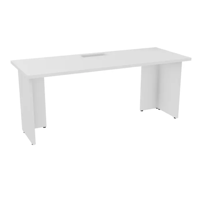 Kit extension Modulo L. 180 x P. 70 cm épaisseur 30mm plateau percé trappe mélamine blanc neige  + goulotte piètement panneau mélamine blanc neige- capacité 3 personnes