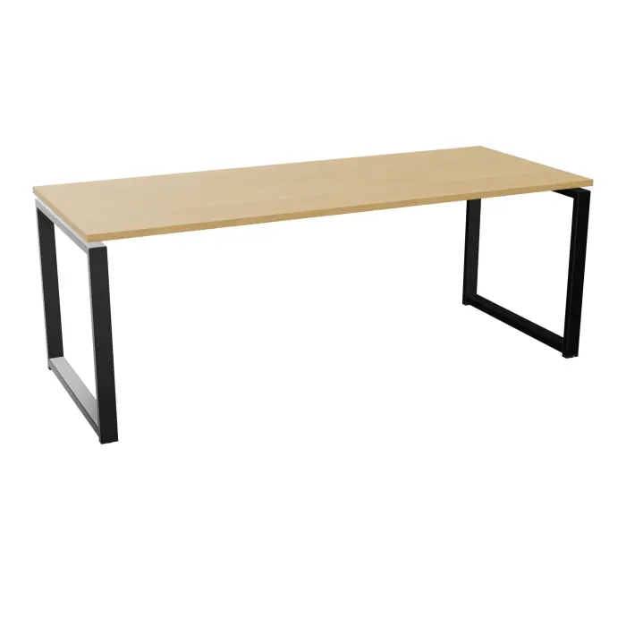 Table de bureau rectangulaire Conect L. 200 x P. 80 cm décor mélamine chêne clair sur pieds fixes boucle finition métal lisse noir - obturateurs optionnels