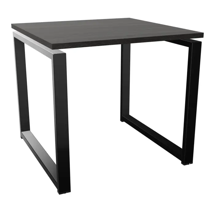 Table de bureau carrée Conect L. 80 x P. 80 cm décor mélamine chêne café sur pieds fixes boucle finition métal lisse noir - obturateurs optionnels