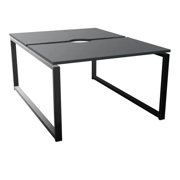 Bureau bench Conect L. 120 x P. 165 cm - 2 plateaux avec échancrure ép. 25 mm mélamine noir velours - piétement boucle rectangulaire fixe métal lisse noir