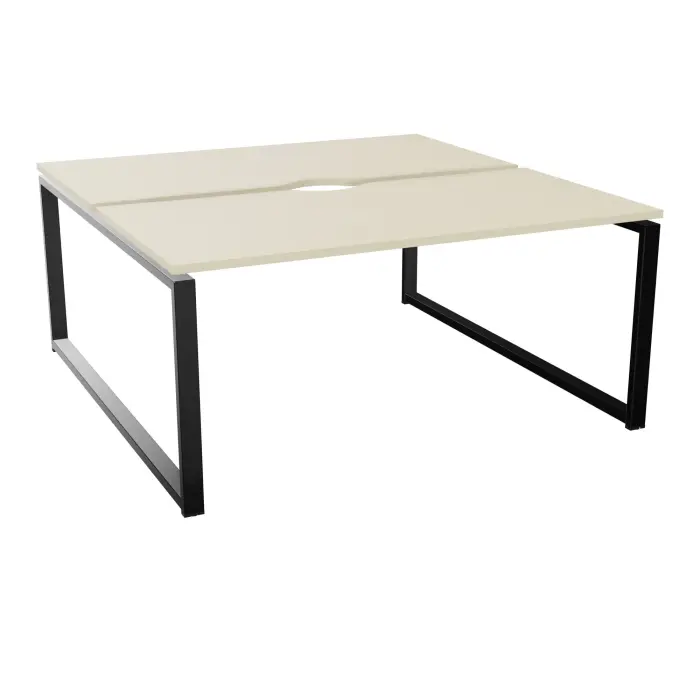 Bureau bench Conect L. 160 x P. 165 cm - 2 plateaux avec échancrure ép. 25 mm mélamine érable blanc - piétement boucle rectangulaire fixe métal lisse noir