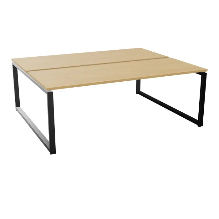 Ensemble de 2 bureaux rectangulaires Conect L. 200 x P. 80 cm décor  mélamine chêne clair sur structure partagée pieds boucle fixes finition métal lisse noir - Element départ P. 80 cm - obturateurs optionnels