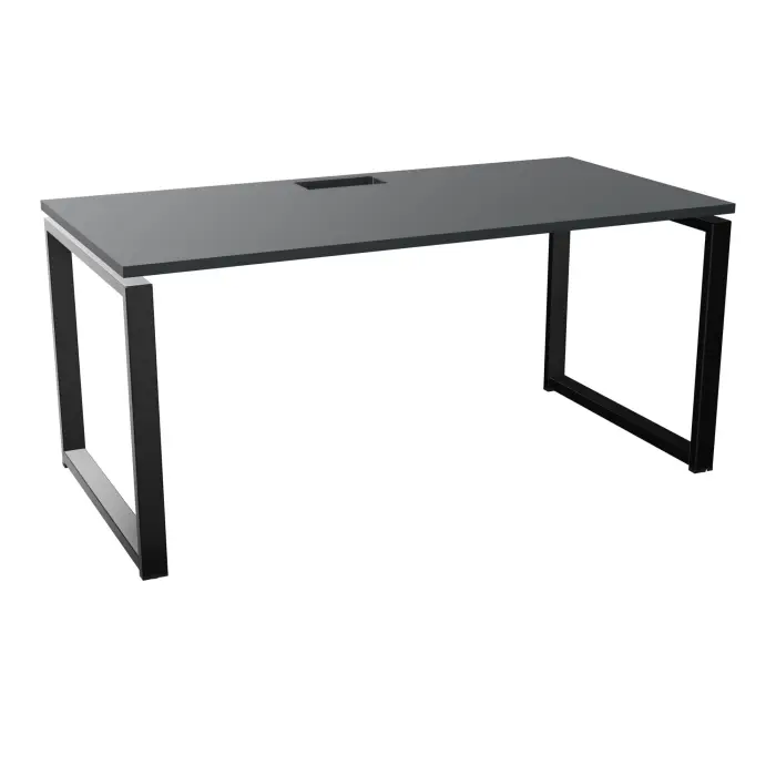 Bureau rectangulaire Conect L. 160 x P. 80 cm - plateau ép. 25 mm avec découpe pour trappe mélamine noir velours - piétement boucle rectangulaire fixe métal lisse noir avec goulotte assortie