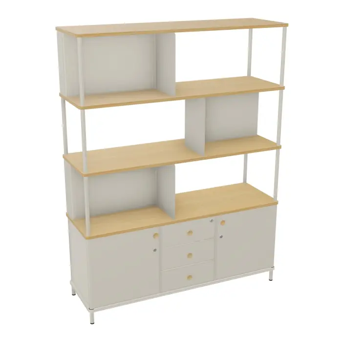 Bibliothèque Karl L. 141 cm x P. 45 cm x H. 184 cm top/tablette mélamine chêne clair corps mélamine lin avec 2 portes + séparateurs métal lisse blanc nacré