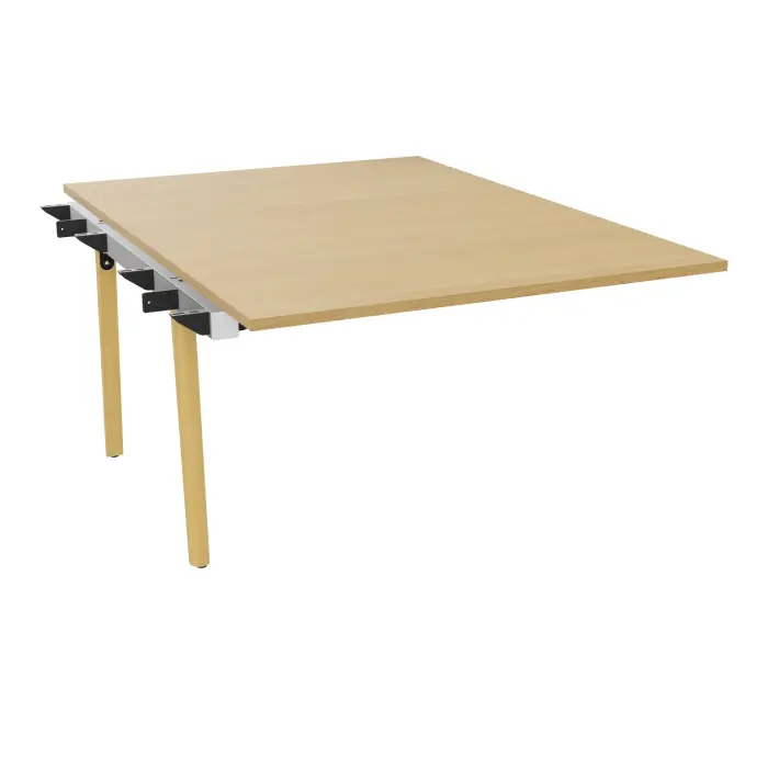 Bureau suivant bench Robin L. 120 x P. 165 cm monoplateau pré percé 4 obturateurs mélamine chêne clair pied intermédiaire arche P. 165 bois hêtre massif vernis/métal lisse noir