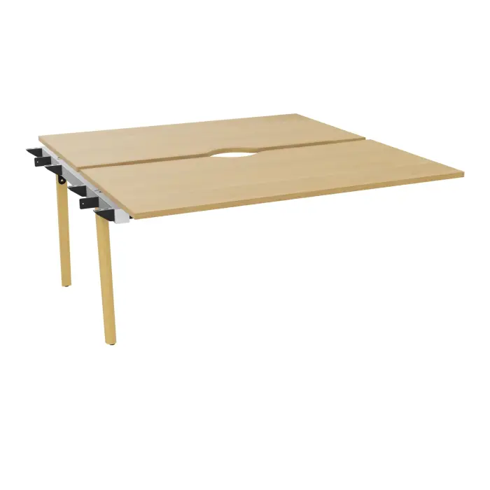 Bureau suivant bench Robin L. 160 x P. 165 cm 2 plateaux avec échancrure mélamine chêne clair pied intermédiaire arche P. 165 bois hêtre massif vernis/métal lisse noir