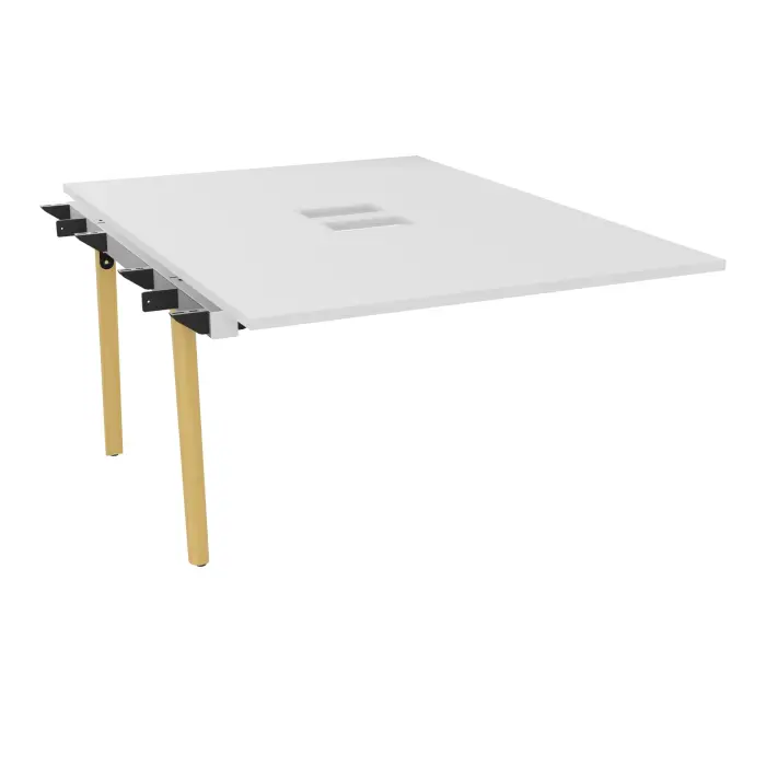 Bureau suivant bench Robin L. 120 x P. 165 cm monoplateau percé 2 trappes centré soft closing mélamine blanc neige pied intermédiaire arche P. 165 bois hêtre massif vernis/métal lisse noir + goulotte
