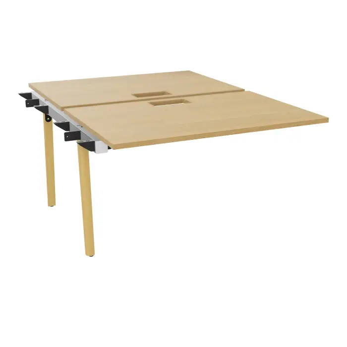 Bureau suivant bench Robin L. 120 x P. 165 cm 2 plateaux percé trappe centré en longueur soft closing mélamine chêne clair pied intermédiaire arche P. 165 bois hêtre massif vernis/métal lisse noir + goulotte