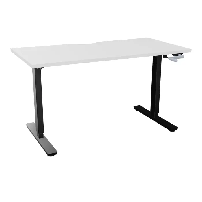Axel 2 Bureau rectangulaire L. 140 x P. 70 cm plateau échancrure ep. 25 mm mélamine blanc neige structure métal lisse noir réglable en hauteur par manivelle