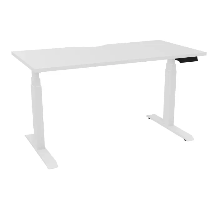 AXEL 2 Bureau rectangulaire L. 140 x P. 70 plateau échancrure ep. 25 mm mélamine blanc neige structure métal lisse blanc motorisé Boitier 4 utilisateurs x 2 mémoires + USB