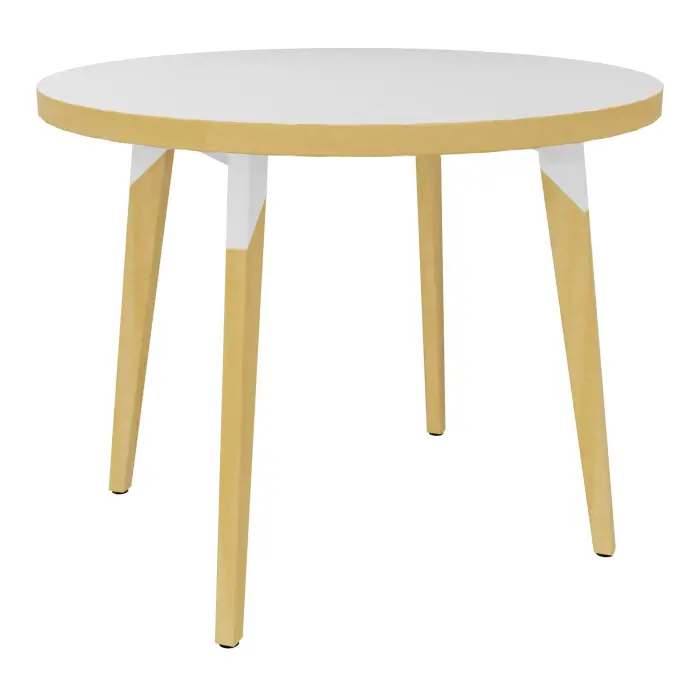 Table basse Evasion diamètre 60 x H. 48 cm - plateau mélamine ép. 25 mm blanc neige - 4 pieds en hêtre naturel vernis massif surmontés d'une structure métal structuré blanc