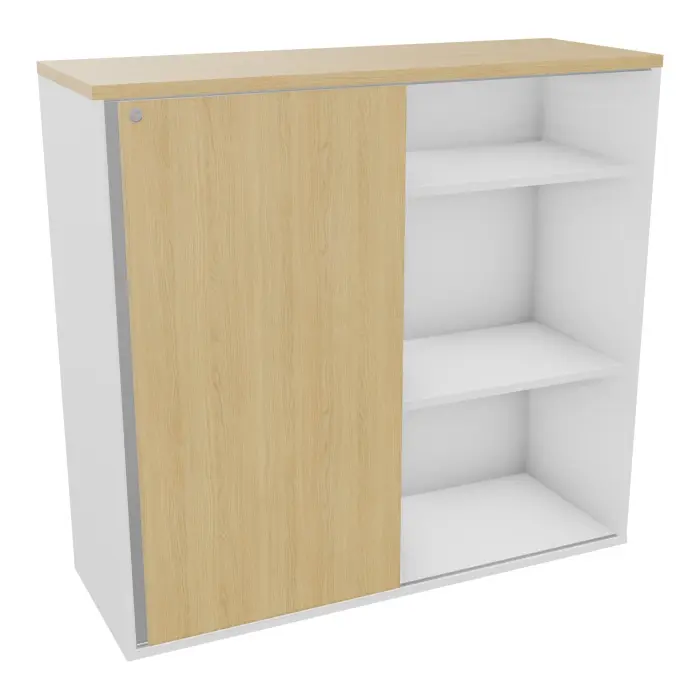 Meuble rangement haut H. 113,5 x L. 120 x P. 43 cm mélamine Chêne naturel dont 3 tablettes mélamine blanc neige porte coulissante avec serrure