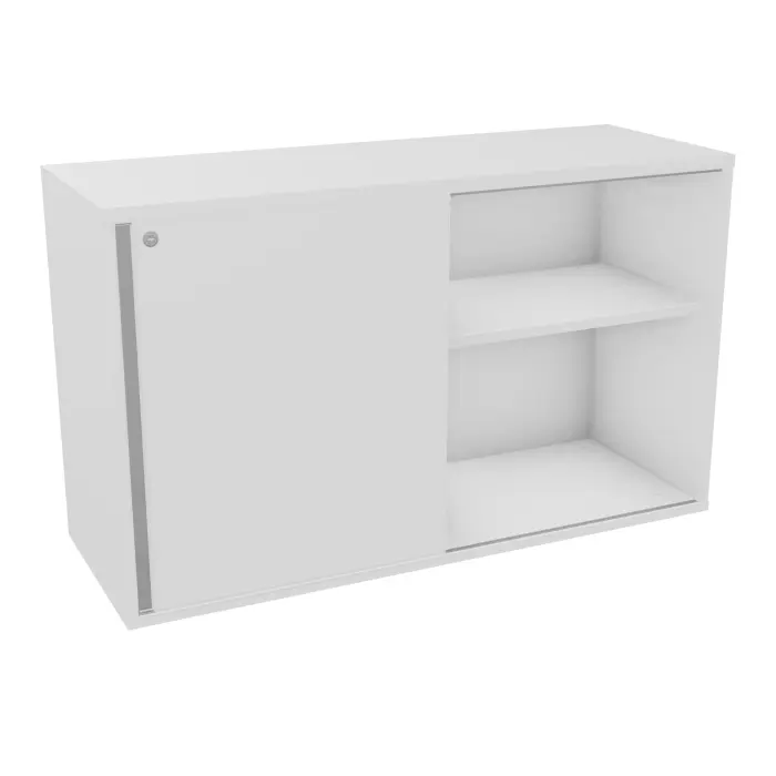 Meuble rangement bas H. 73,5 x L. 120 x P. 43 cm mélamine blanc neige dont 1 tablette mélamine blanc neige porte coulissante avec serrure