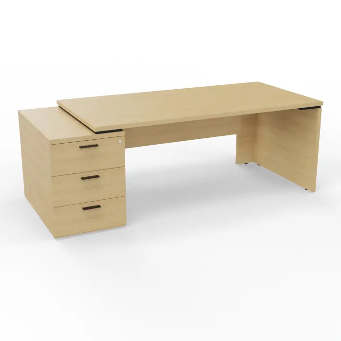 Bureau Kara rectangulaire L. 180 x P. 90cm mélamine Chêne naturel sur caisson porteur 3 tiroirs à gauche