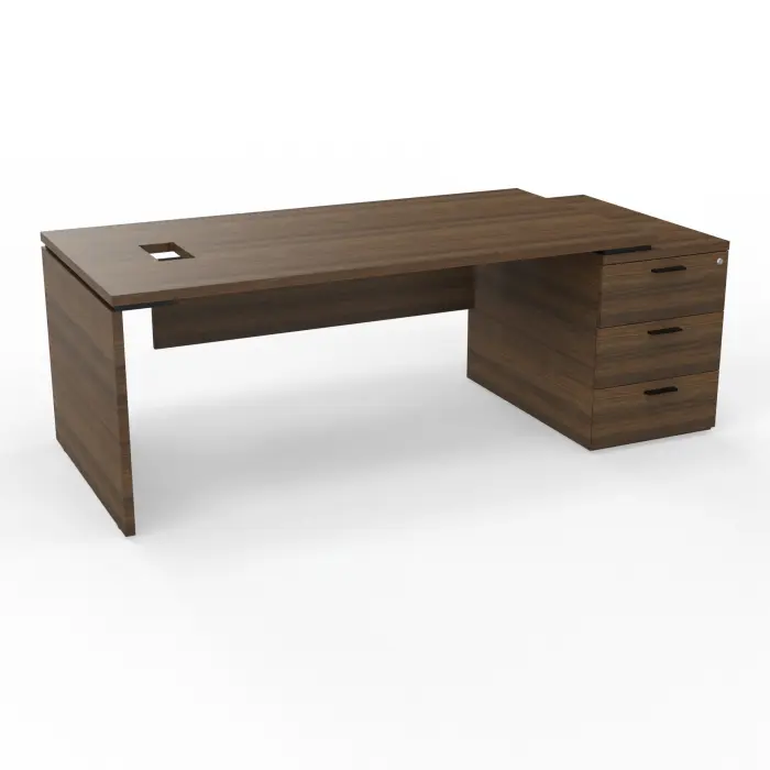 Bureau Kara rectangulaire L. 180 x P. 90cm mélamine noyer brun sur caisson porteur 3 tiroirs à droite - découpé pour trappe