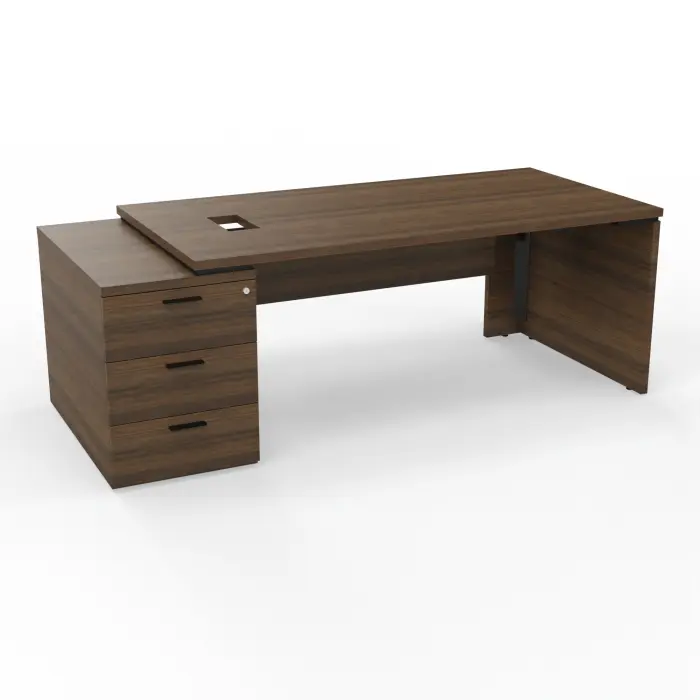 Bureau Kara rectangulaire L. 180 x P. 90cm mélamine noyer brun sur caisson porteur 3 tiroirs à gauche - découpé pour trappe