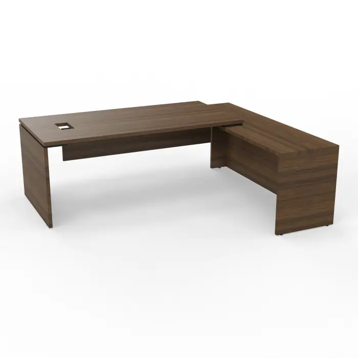 Bureau Kara rectangulaire L. 180 x P. 90cm mélamine noyer brun sur retour porteur à droite - découpé pour trappe