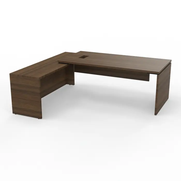 Bureau Kara rectangulaire L. 180 x P. 90cm mélamine noyer brun sur retour porteur à gauche - découpé pour trappe