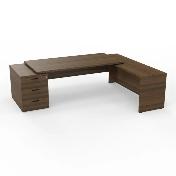 Bureau Kara rectangulaire L. 180 x P. 90cm mélamine noyer brun sur retour et caisson porteurs