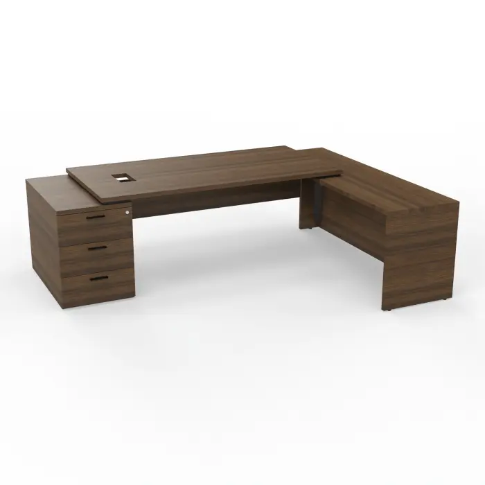 Bureau Kara rectangulaire L. 180 x P. 90cm mélamine noyer brun sur retour et caisson porteurs - découpé pour trappe