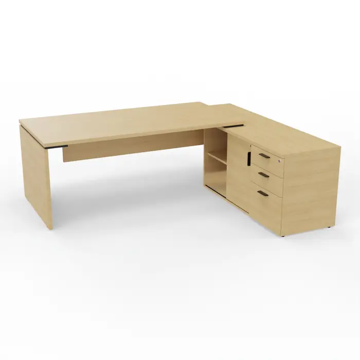 Bureau Kara rectangulaire L. 180 x P. 90cm mélamine Chêne naturel sur meuble de rangement porteur à droite