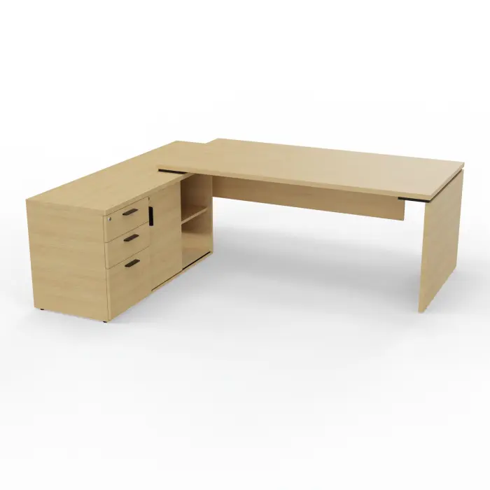 Bureau Kara rectangulaire L. 180 x P. 90cm mélamine Chêne naturel sur meuble de rangement porteur à gauche