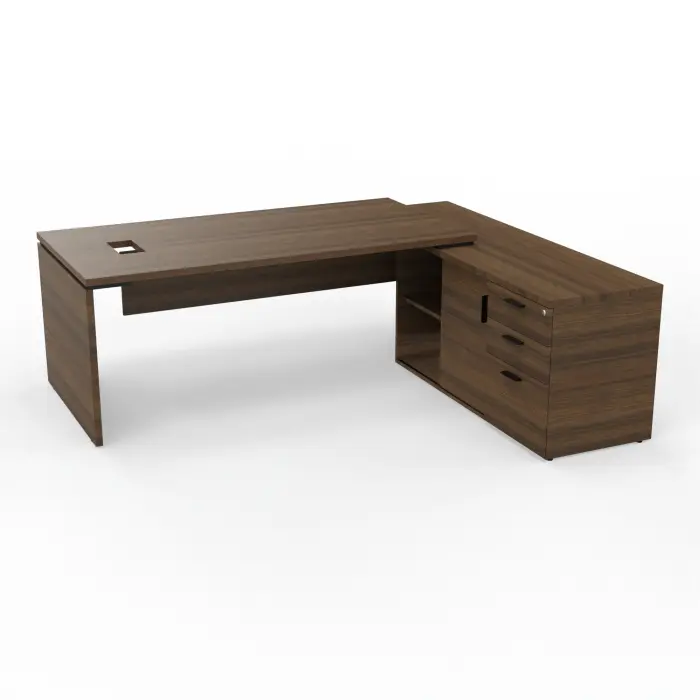 Bureau Kara rectangulaire L. 180 x P. 90cm mélamine noyer brun sur meuble de rangement porteur à droite - découpé pour trappe