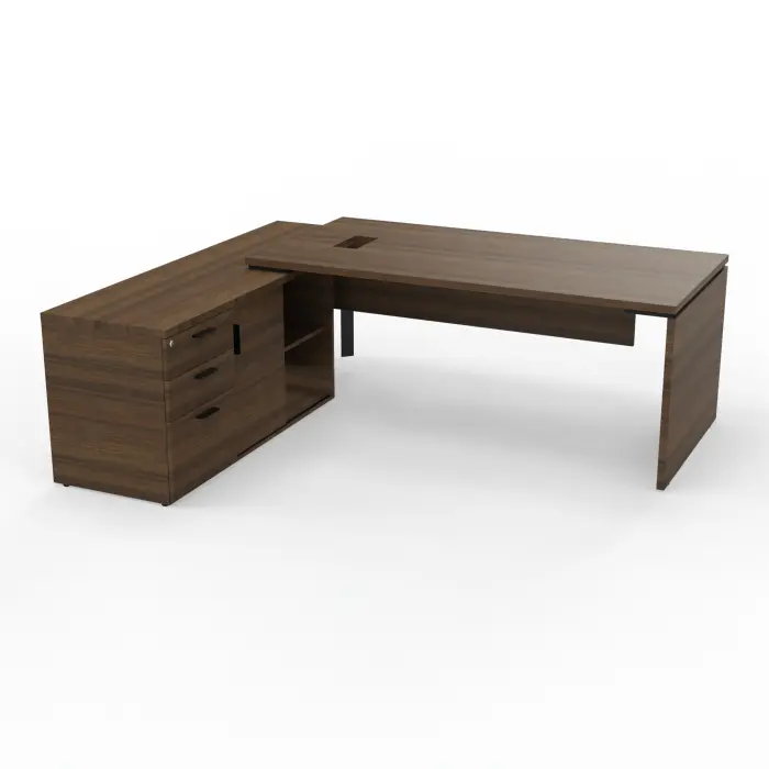 Bureau Kara rectangulaire L. 180 x P. 90cm mélamine noyer brun sur meuble de rangement porteur à gauche - découpé pour trappe