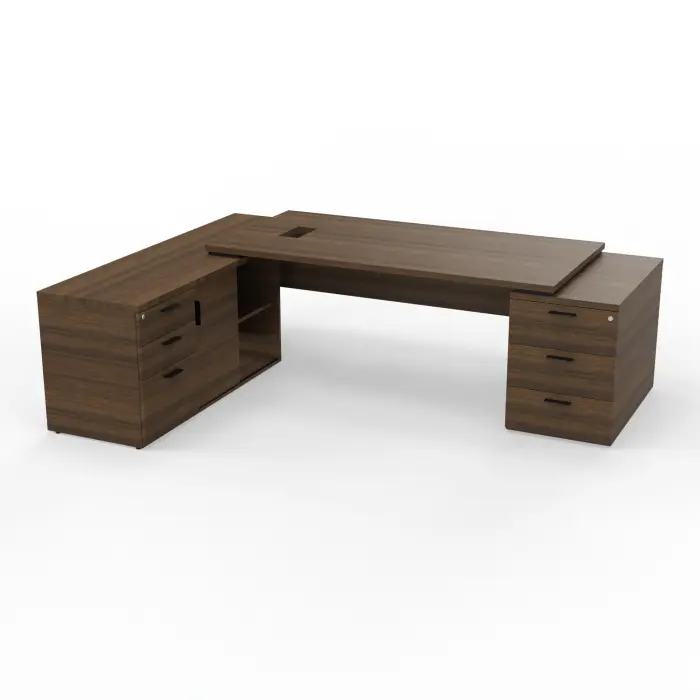 Bureau Kara rectangulaire L. 180 x P. 90cm mélamine noyer brun sur meuble de rangement porteur à gauche et caisson porteur à droite - découpé pour trappe