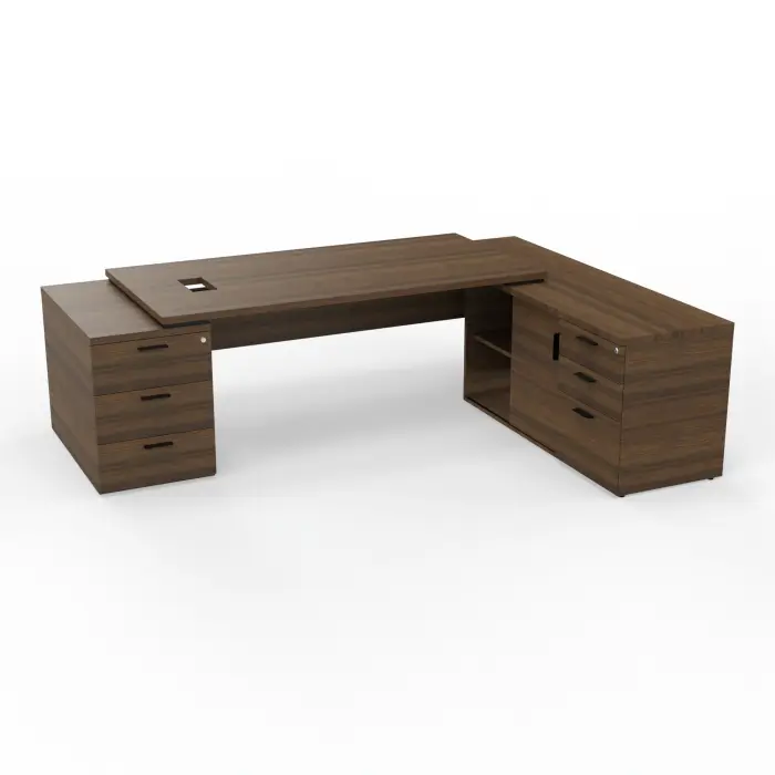 Bureau Kara rectangulaire L. 180 x P. 90cm mélamine noyer brun sur meuble de rangement porteur à droite et caisson porteur à gauche - découpé pour trappe