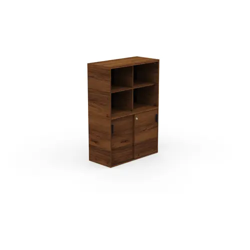 Armoire Kara H. 144cm mélamine noyer brun - 2 portes coulissantes et 4 niches de rangement