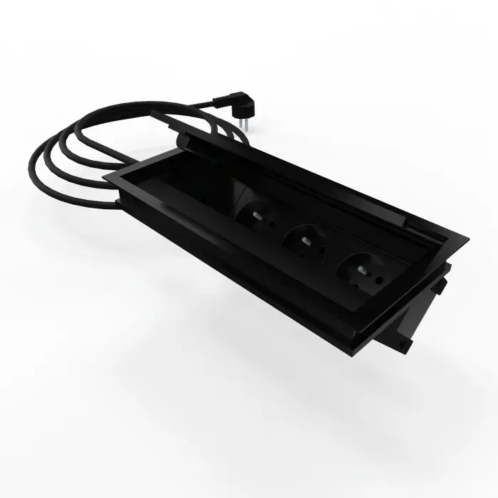 Trappe métal lisse noir avec boîtier 3 prises et câble d'alimentation - version EU