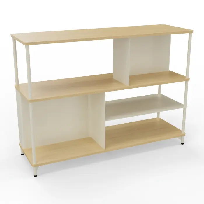 Bibliothèque Karl L. 141 cm x H. 103 cm x P. 45 cm 2 niveaux top et tablette mélamine Chêne naturel structure métal lisse blanc nacré
