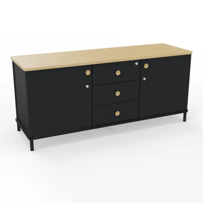 Crédence Karl 2 portes + 3 tiroirs L. 141 cm x P. 45 cm x H. 62 cm mélamine Chêne naturel corps bois noir avec portes métal structuré noir
