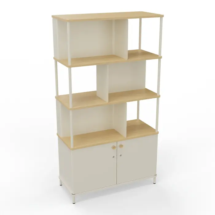 Bibliothèque Karl L. 100 cm x P. 45 cm x H. 184 cm top/tablette mélamine Chêne naturel corps mélamine lin avec 2 portes + séparateurs métal lisse blanc nacré