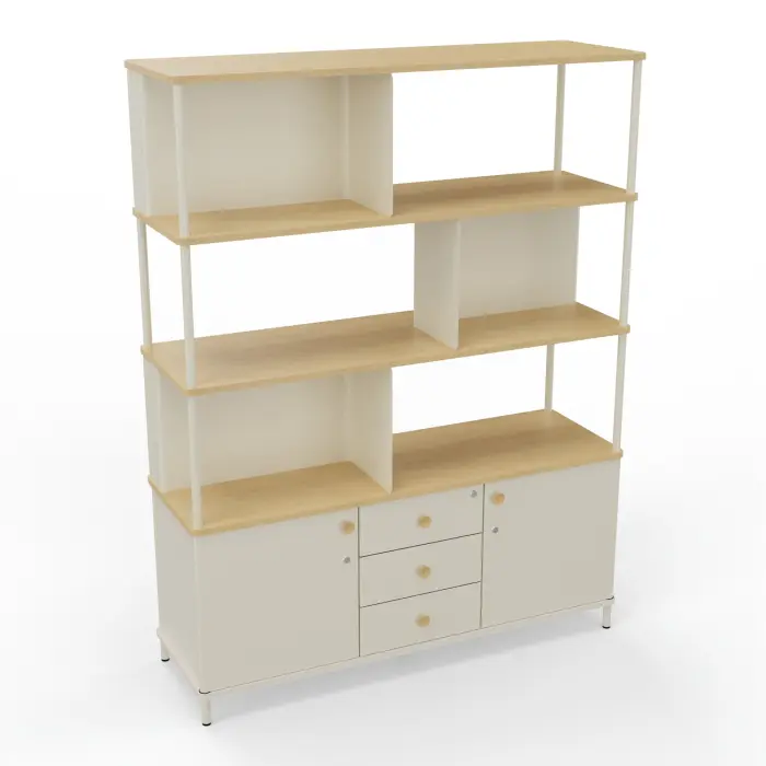 Bibliothèque Karl L. 141 cm x P. 45 cm x H. 184 cm top/tablette mélamine Chêne naturel corps mélamine lin avec 2 portes + séparateurs métal lisse blanc nacré