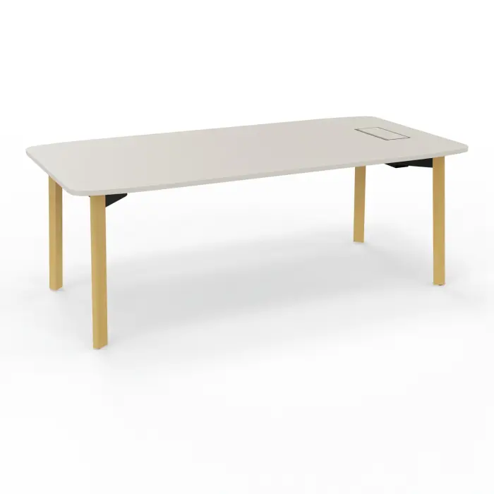 Bureau Karl rectangulaire L. 200 cm x P. 100 cm plateau percé trappe droite ou gauche mélamine lin pietement bois hêtre massif vernis/ métal lisse blanc nacré
