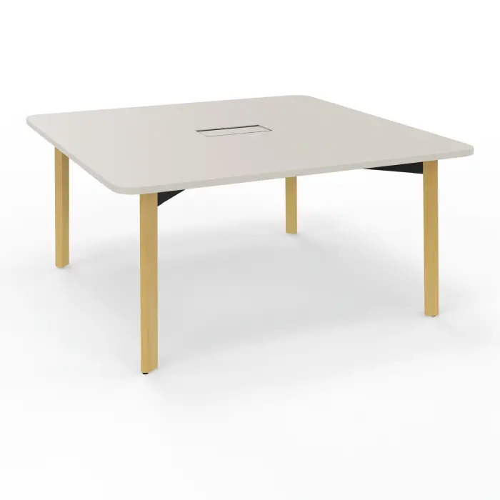 Table de réunion carrée Karl L. 150 cm x P. 150 cm plateau percé trappe centrale mélamine lin pietement bois hêtre massif vernis/ métal structuré noir