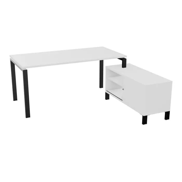 Bureau Rio avec meuble retour porteur à droite simple accès L. 178 cm x P. 168 cm mélamine blanc neige plateau L. 160 cm x P. 80 cm percé pour obturateur mélamine blanc neige piètement arche métal lisse noir