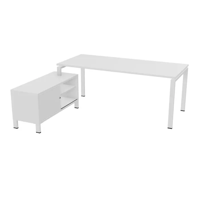 Bureau Rio avec meuble retour porteur à gauche simple accès L. 198 cm x P. 168 cm mélamine blanc neige plateau L. 180 cm x P. 80 cm percé pour obturateur mélamine blanc neige piètement arche métal lisse blanc