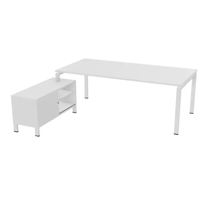Bureau Rio avec meuble retour porteur à gauche simple accès L. 218 cm x P. 188 cm mélamine blanc neige plateau L. 200 cm x P. 100 cm percé pour obturateur mélamine blanc neige piètement arche métal lisse blanc