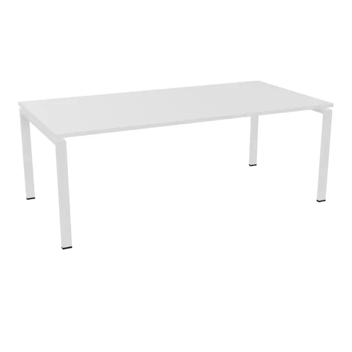 Bureau Rio rectangulaire L. 200cm x P. 100 cm mélamine blanc neige percé pour obturateurs piètement arche métal lisse blanc