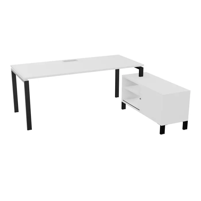 Bureau Rio avec meuble retour porteur à droite simple accès L. 198 cm x P. 168 cm mélamine blanc neige plateau L. 180 cm x P. 80 cm percé pour trappe frontale mélamine blanc neige piètement arche métal lisse no